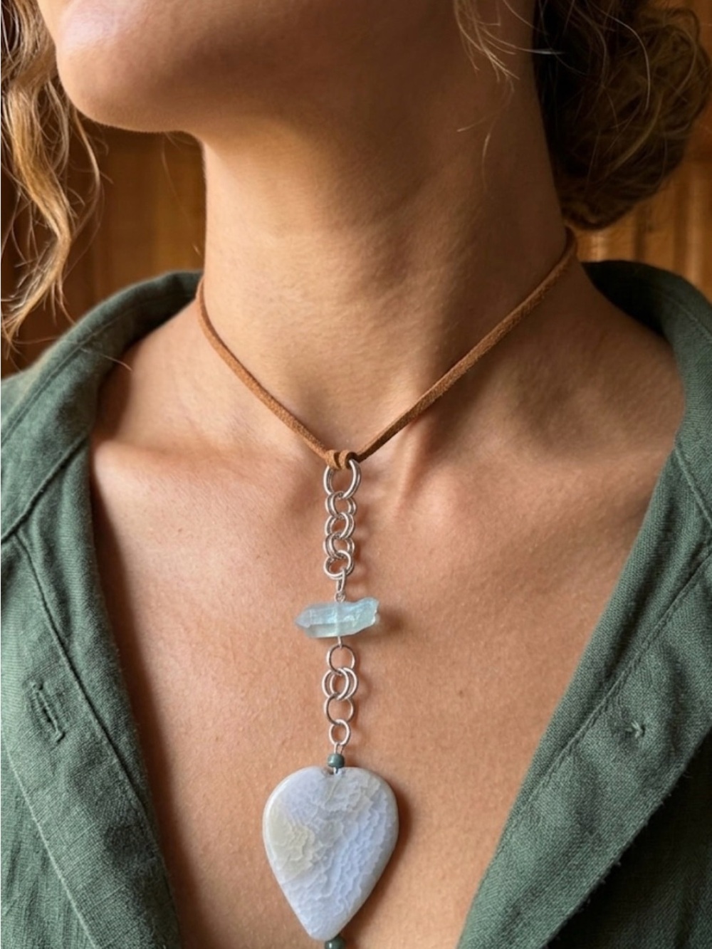 Bohemian Brown Suede Necklace with Blue Agate Heart Pendant